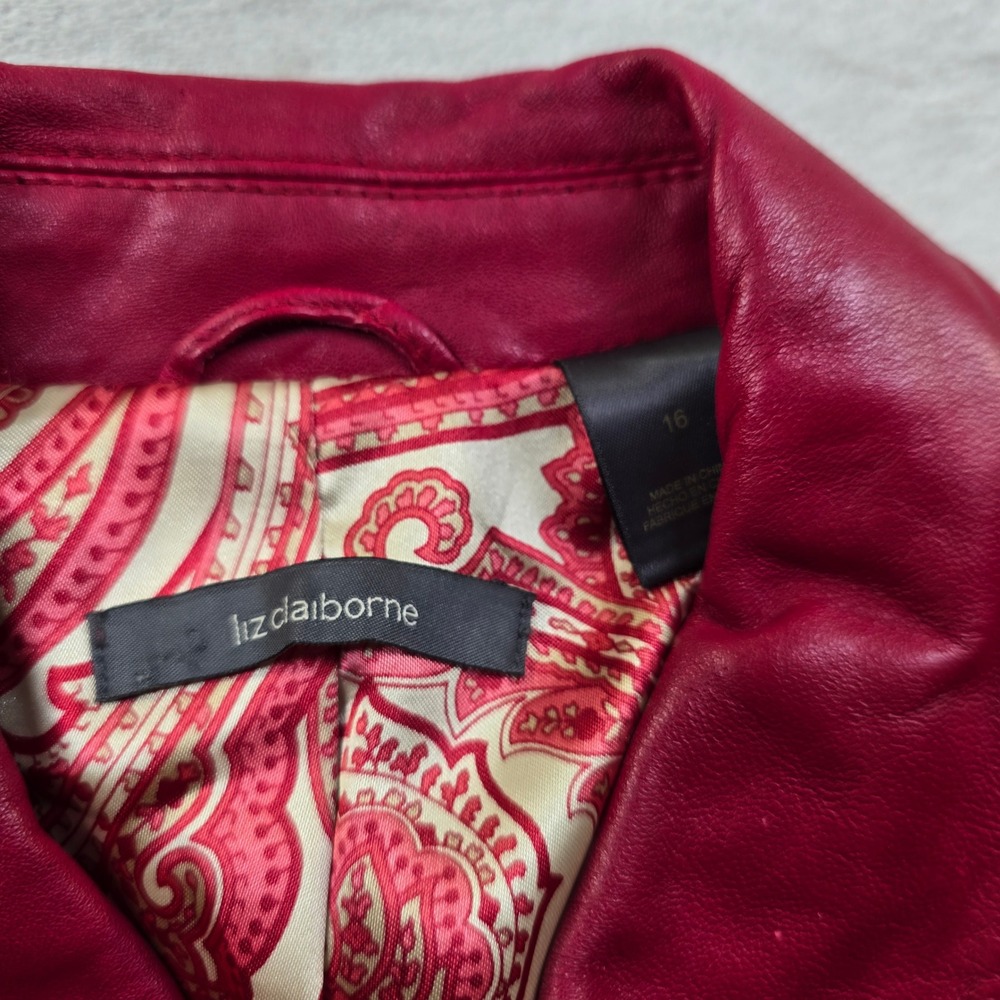 Liz Claiborne Leather‎ Jacket Women 16 Red Pink Paisley Lined Zip Front Coat - Picture 5 of 12